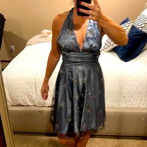 Blue grey/sequined black mesh halter mini dress.